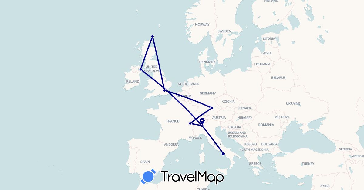 TravelMap itinerary: driving in Switzerland, Germany, United Kingdom, Italy (Europe)